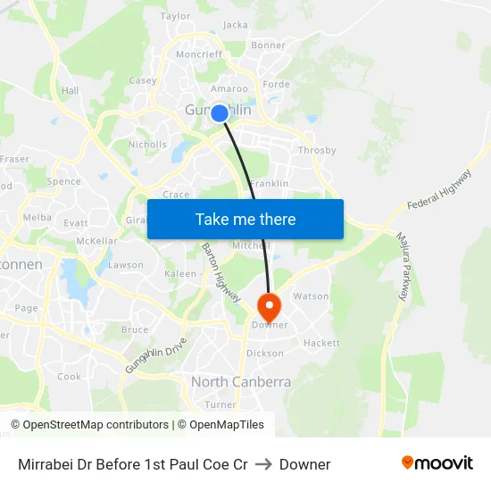 Mirrabei Dr Before 1st Paul Coe Cr to Downer map