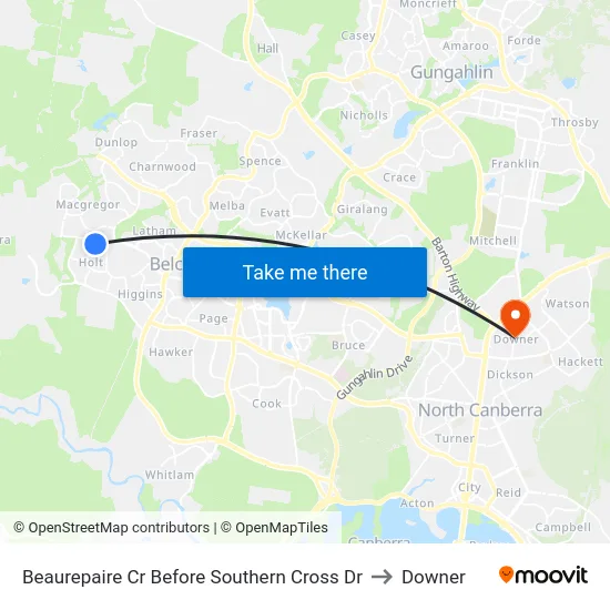 Beaurepaire Cr Before Southern Cross Dr to Downer map