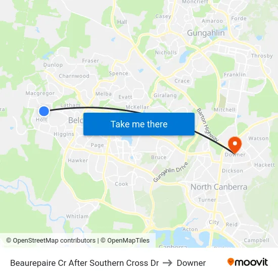 Beaurepaire Cr After Southern Cross Dr to Downer map