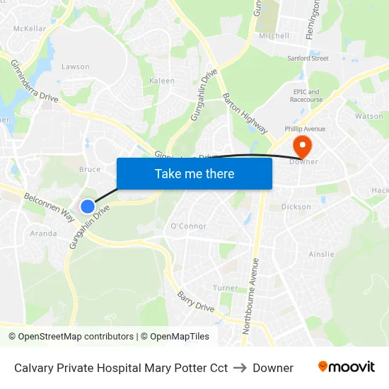 Calvary Private Hospital Mary Potter Cct to Downer map