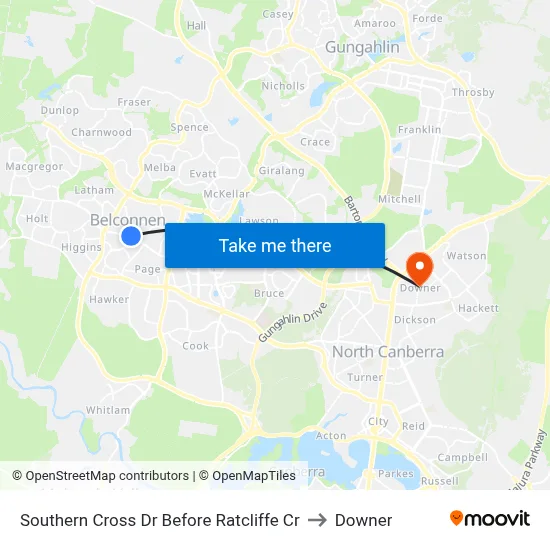 Southern Cross Dr Before Ratcliffe Cr to Downer map