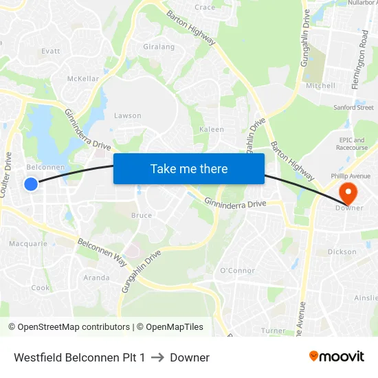 Westfield Belconnen Plt 1 to Downer map