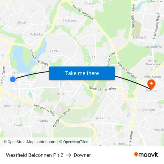 Westfield Belconnen Plt 2 to Downer map