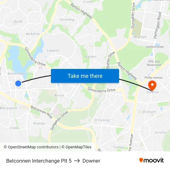 Belconnen Interchange Plt 5 to Downer map