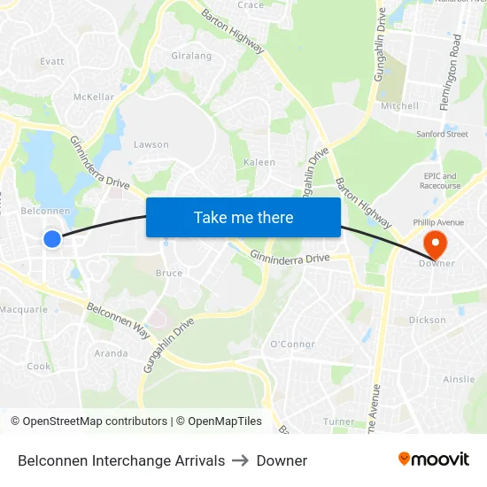 Belconnen Interchange Arrivals to Downer map