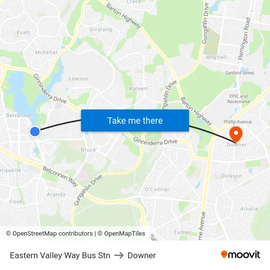 Eastern Valley Way Bus Stn to Downer map