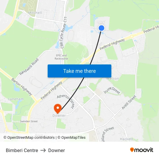 Bimberi Centre to Downer map