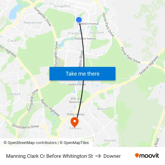 Manning Clark Cr Before Whitington St to Downer map