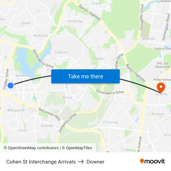 Cohen St Interchange Arrivals to Downer map