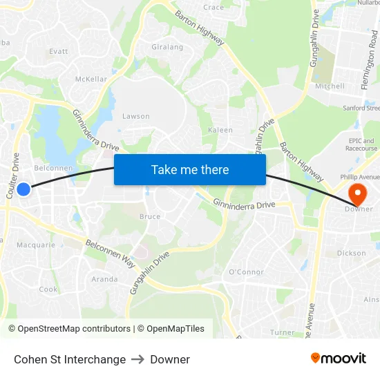 Cohen St Interchange to Downer map