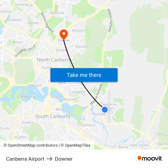 Canberra Airport to Downer map