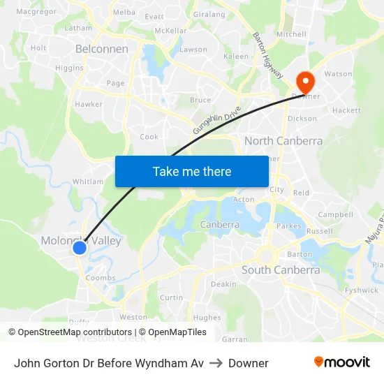 John Gorton Dr Before Wyndham Av to Downer map
