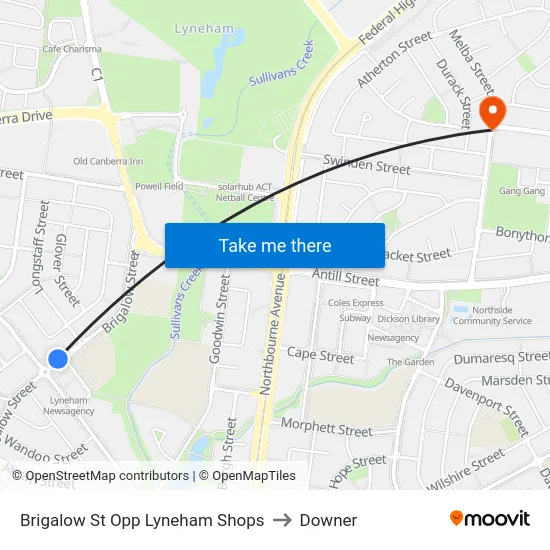 Brigalow St Opp Lyneham Shops to Downer map