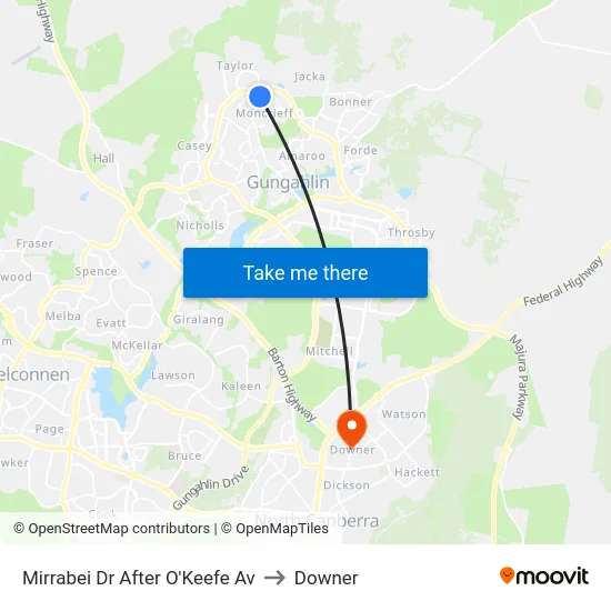 Mirrabei Dr After O'Keefe Av to Downer map