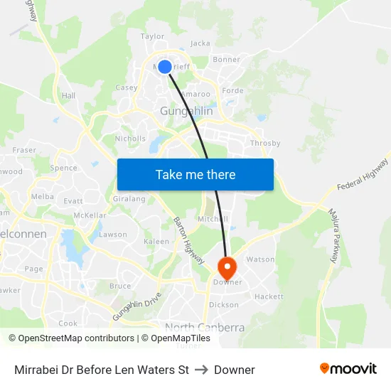 Mirrabei Dr Before Len Waters St to Downer map