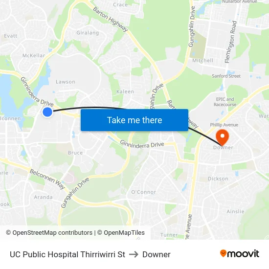 UC Public Hospital Thirriwirri St to Downer map