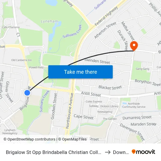 Brigalow St Opp Brindabella Christian College to Downer map