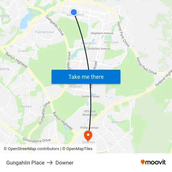 Gungahlin Place to Downer map
