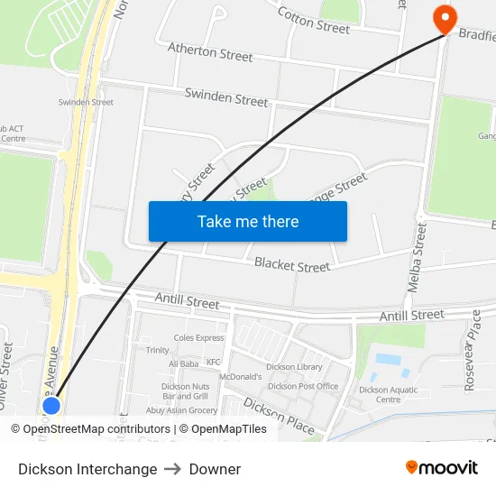 Dickson Interchange to Downer map