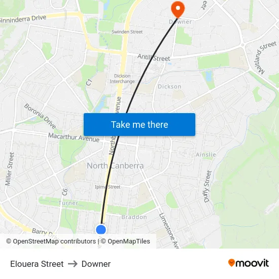 Elouera Street to Downer map