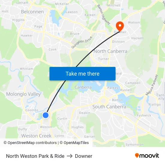 North Weston Park & Ride to Downer map