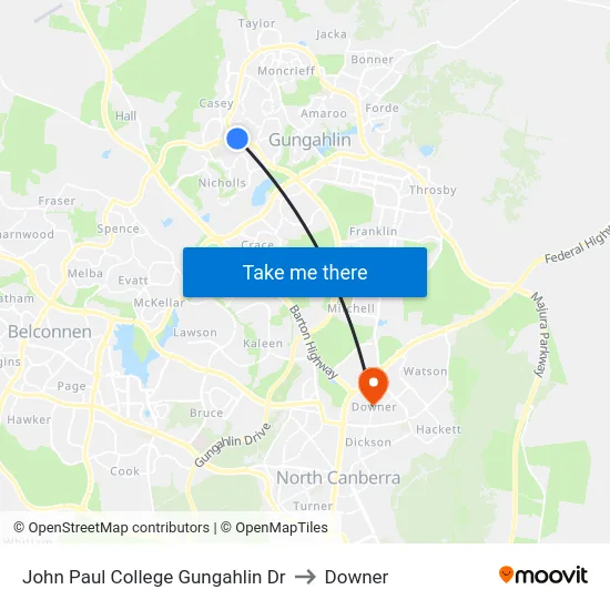 John Paul College Gungahlin Dr to Downer map