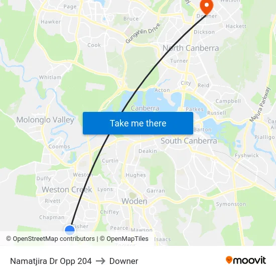 Namatjira Dr Opp 204 to Downer map