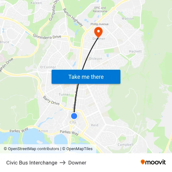 Civic Bus Interchange to Downer map