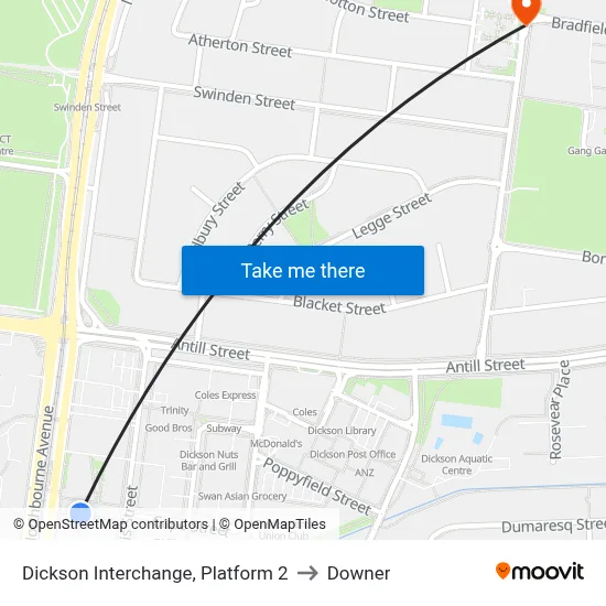 Dickson Interchange, Platform 2 to Downer map
