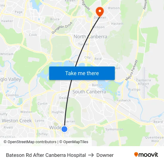 Bateson Rd After Canberra Hospital to Downer map