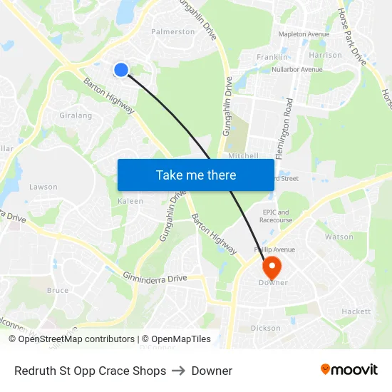 Redruth St Opp Crace Shops to Downer map