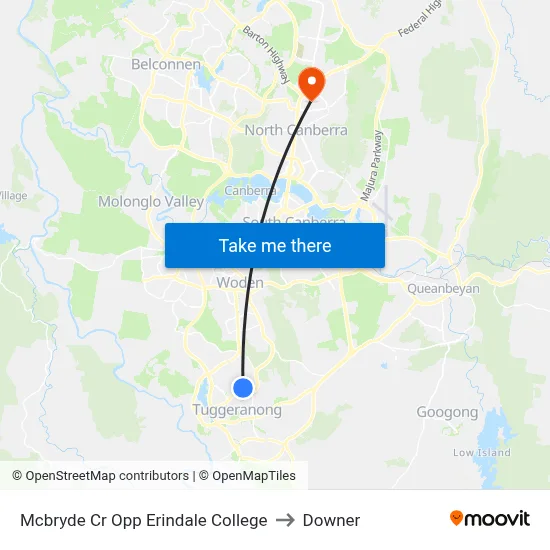 Mcbryde Cr Opp Erindale College to Downer map