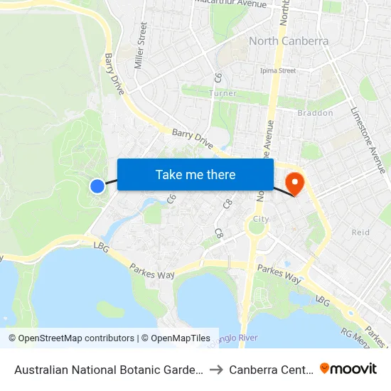 Australian National Botanic Gardens to Canberra Centre map
