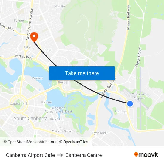 Canberra Airport Cafe to Canberra Centre map