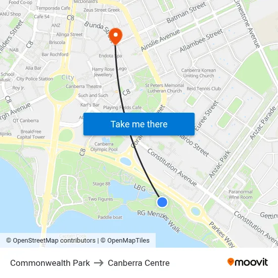 Commonwealth Park to Canberra Centre map
