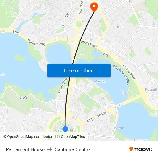 Parliament House to Canberra Centre map