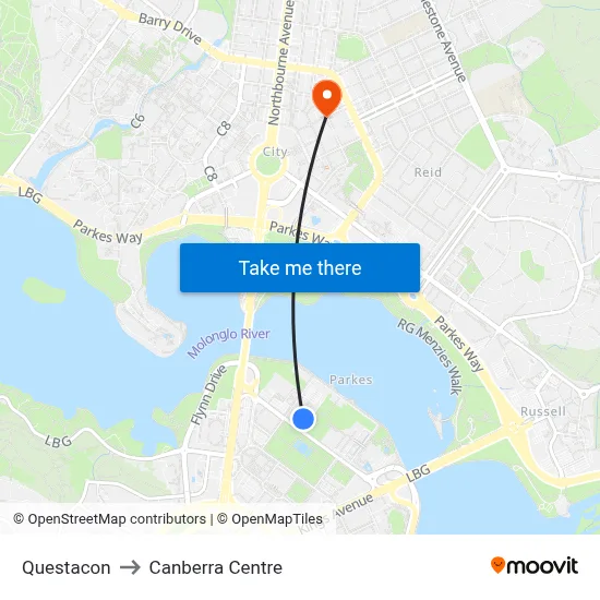 Questacon to Canberra Centre map