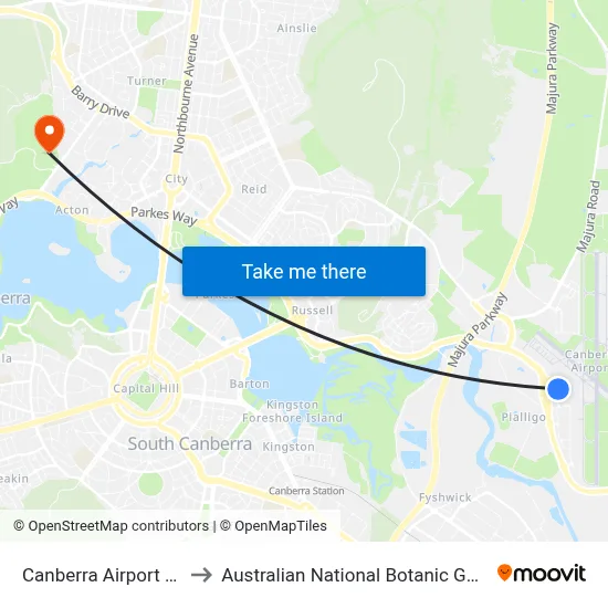Canberra Airport Cafe to Australian National Botanic Gardens map