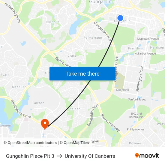Gungahlin Place Plt 3 to University Of Canberra map
