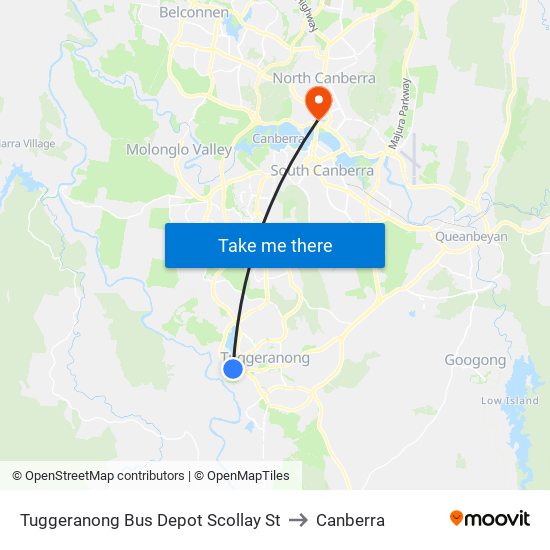 Tuggeranong Bus Depot Scollay St to Canberra map