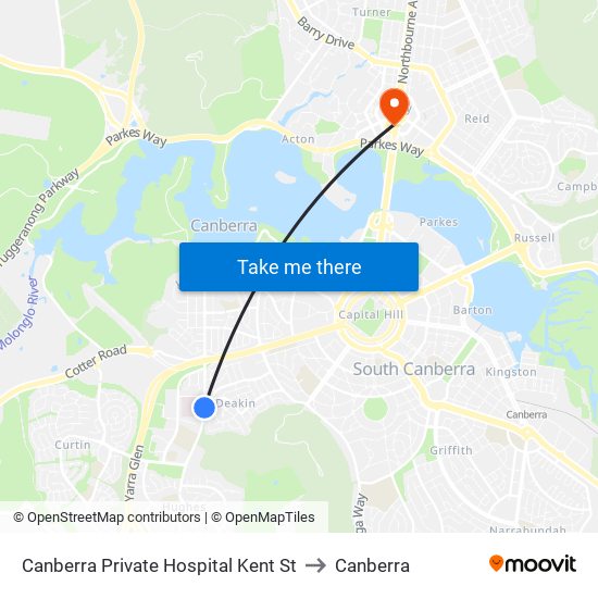 Canberra Private Hospital Kent St to Canberra map
