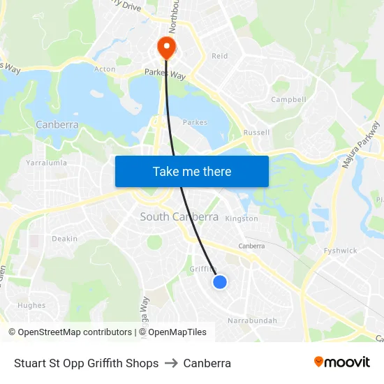 Stuart St Opp Griffith Shops to Canberra map
