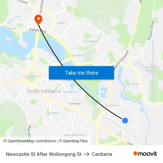 Newcastle St After Wollongong St to Canberra map