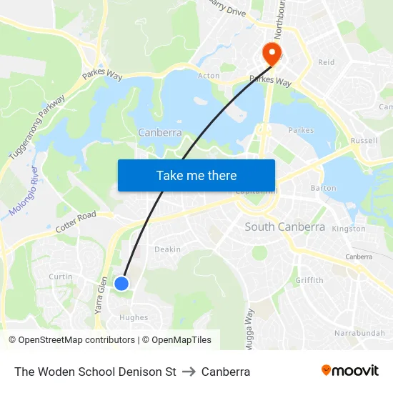 The Woden School Denison St to Canberra map