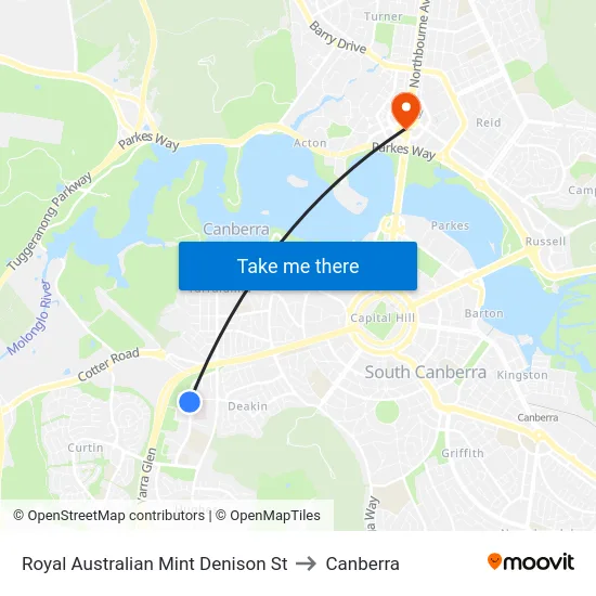 Royal Australian Mint Denison St to Canberra map