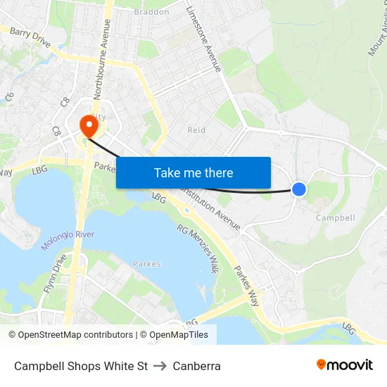 Campbell Shops White St to Canberra map