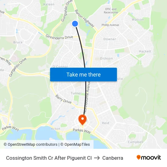 Cossington Smith Cr After Piguenit Cl to Canberra map