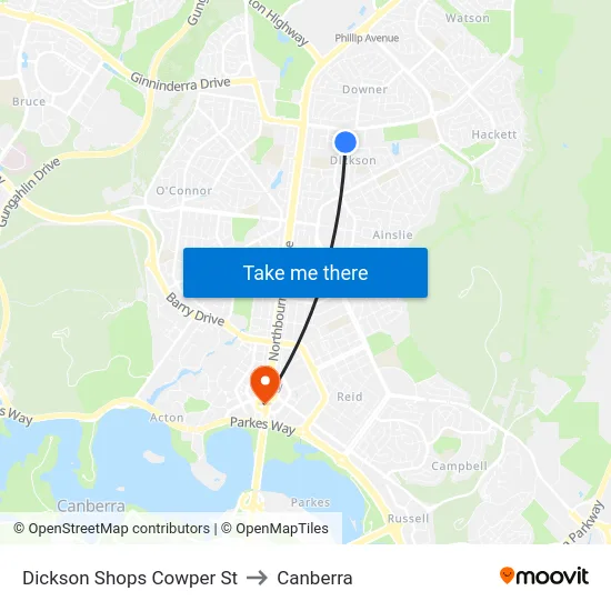 Dickson Shops Cowper St to Canberra map