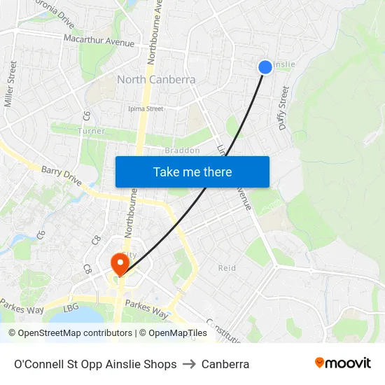 O'Connell St Opp Ainslie Shops to Canberra map