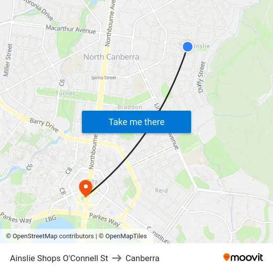 Ainslie Shops O'Connell St to Canberra map